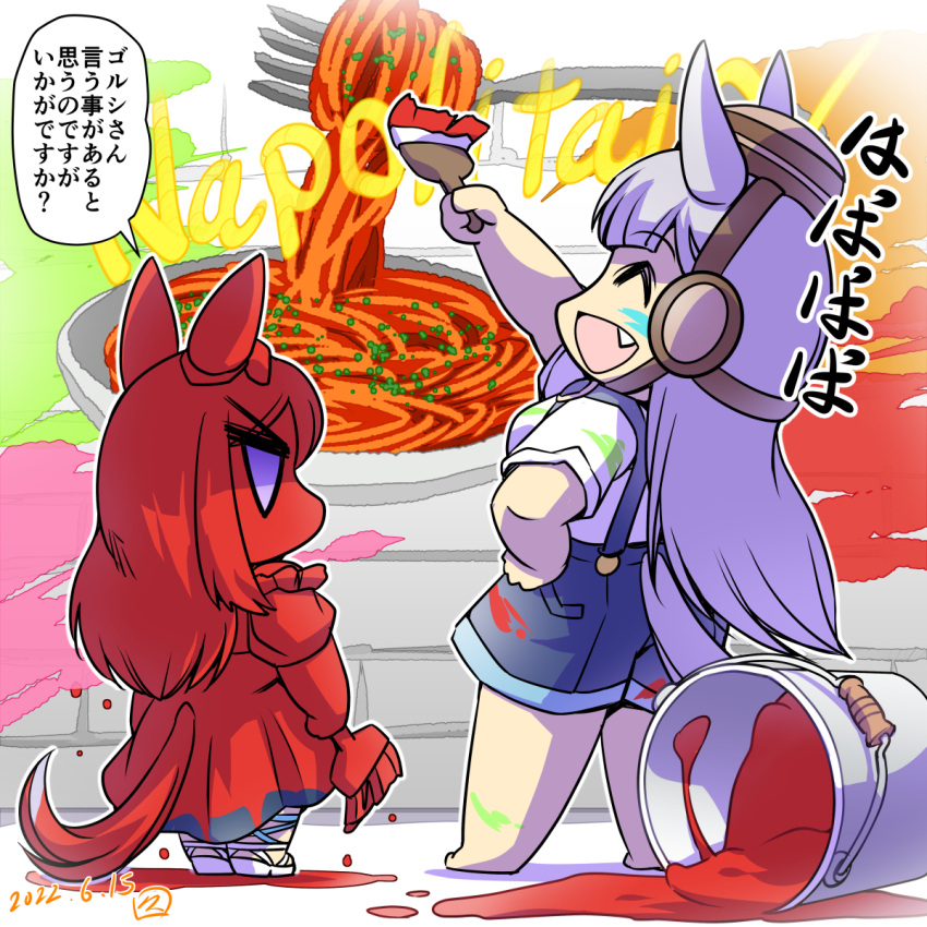 2girls ^_^ animal_ears blue_shorts bucket chibi closed_eyes commentary_request dated fang gold_ship_(umamusume) highres hisahiko holding holding_paintbrush horse_ears horse_girl mejiro_mcqueen_(umamusume) multiple_girls napolitan open_mouth paintbrush purple_eyes shirt short_sleeves shorts signature suspenders t-shirt umamusume white_shirt