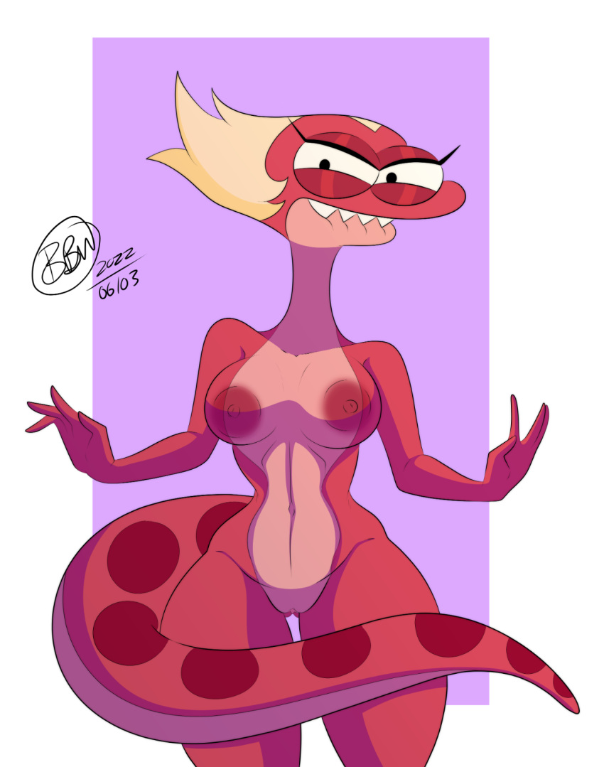 2022 amphibia_(series) amphibian anthro bite biting_lip blonde_hair breasts bunbunmuffins disney fangs female general_yunan genitals hair hi_res looking_at_viewer narrowed_eyes navel newt nipples nude pussy red_body red_scales salamander_(amphibian) scales solo