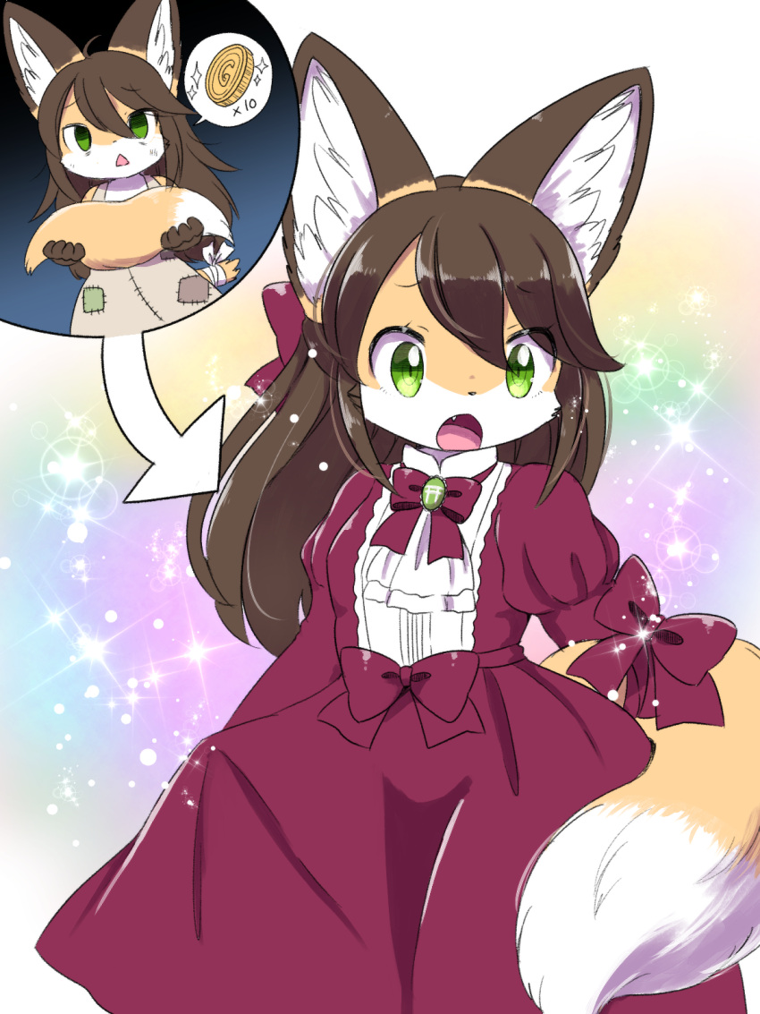 2019 3:4 anthro bandage before_and_after begging brown_body brown_fur brown_hair canid canine clothed clothing coin cute_fangs dipstick_ears dipstick_tail dress female fox fur gold_(metal) gold_coin green_eyes hair hi_res inner_ear_fluff kemono kemoribbon long_hair mammal markings multicolored_ears multicolored_tail open_mouth pictographics rags severed_tail solo speech_bubble tail_markings tan_body tan_fur tuft white_body white_fur young