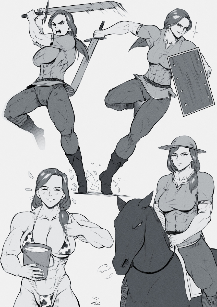 1girl abs absurdres alex_(minecraft) animal_print bikini bucket closed_eyes cow_print greyscale hat highres holding holding_weapon horse horseback_riding long_hair minecraft monochrome muscular muscular_female ponytail riding shield smile sparkle speedl00ver swimsuit sword thumbs_up weapon