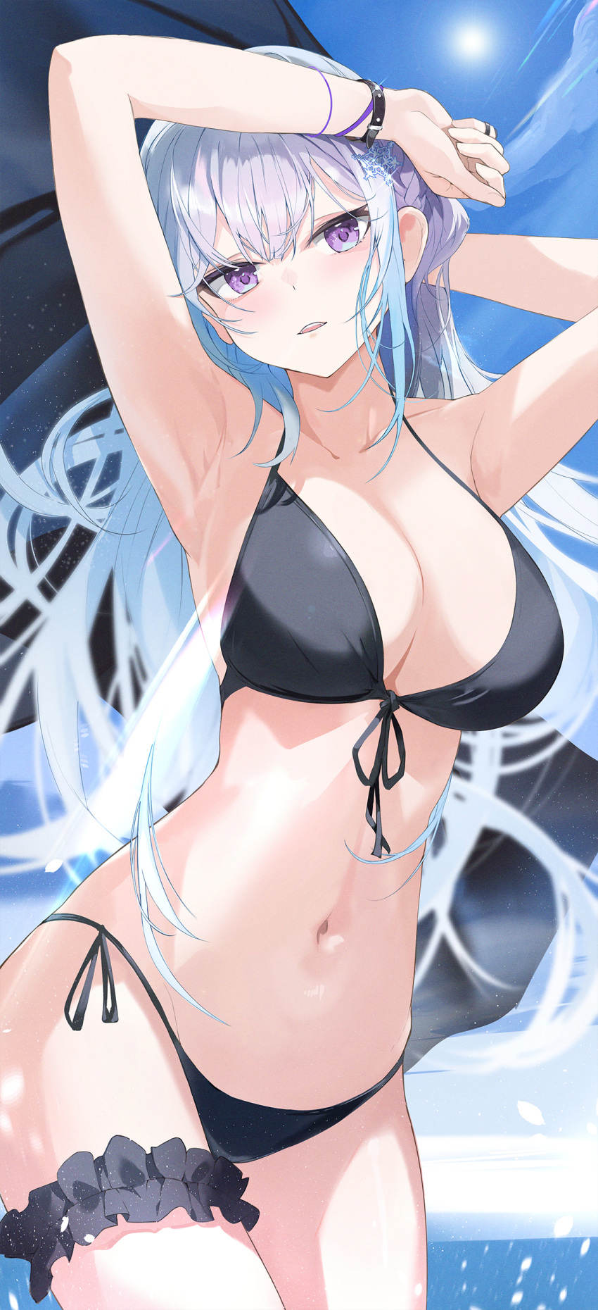 1girl absurdres arm_behind_head armpits arms_up bangs bare_arms bikini black_bikini blue_sky blush breasts bridal_garter commission cowboy_shot front-tie_top hand_on_own_head highres jewelry kooemong large_breasts long_hair looking_at_viewer multicolored_hair navel original outdoors parted_lips purple_eyes ring side-tie_bikini sidelocks sky solo stomach sunlight swimsuit thighs two-tone_hair white_hair wristband