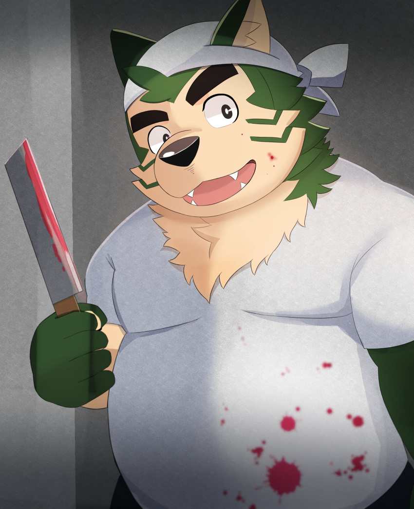 absurd_res anthro bandanna blood blood_splatter bodily_fluids canid canine canis clothing domestic_dog eyebrows fur green_body green_fur hi_res inugamihito kerchief knife lifewonders live-a-hero looking_at_viewer male mammal mokdai musclegut shirt smile solo t-shirt thick_eyebrows topwear video_games