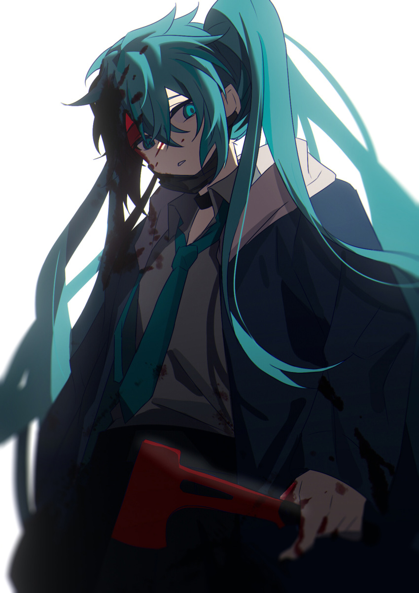 1girl aqua_eyes aqua_hair blood hatsune_miku highres holding holding_weapon long_hair looking_at_viewer simple_background solo twintails vocaloid weapon ximuye