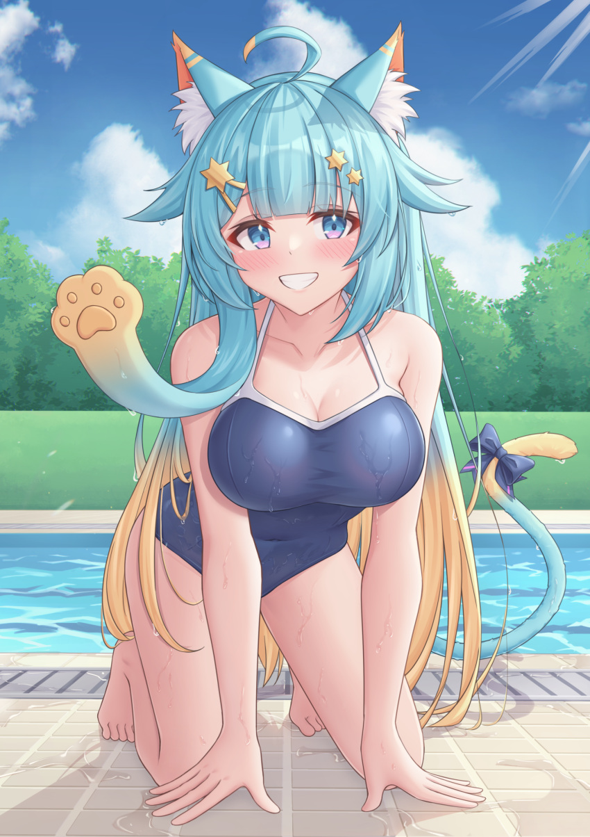 1girl ahoge all_fours animal_ear_fluff animal_ears aqua_eyes aqua_hair bangs bare_arms barefoot blonde_hair blue_bow blue_eyes blue_sky blue_swimsuit blunt_bangs blush bow breasts cat_ears cat_girl cat_tail cleavage cloud cloudy_sky collarbone gradient_eyes grass grin hair_flaps hair_ornament highres indie_virtual_youtuber lanmewko large_breasts long_hair looking_at_viewer multicolored_eyes multicolored_hair multicolored_tail on_floor one-piece_swimsuit outdoors pool prehensile_hair sidelocks sky smile solo star_(symbol) star_hair_ornament swimsuit tail tail_bow tail_ornament teeth thighs tile_floor tiles two-tone_hair very_long_hair virtual_youtuber water wet wet_hair yue_zi