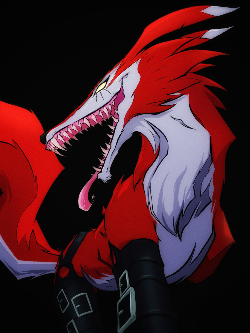 bandai_namco bodily_fluids canid canine canis digimon digimon_(species) fangmon feral fur hi_res leather long_snout long_tongue mammal red_body red_fur saliva sharp_teeth snout solo steven_purifoy straps teeth tongue tongue_out wolf