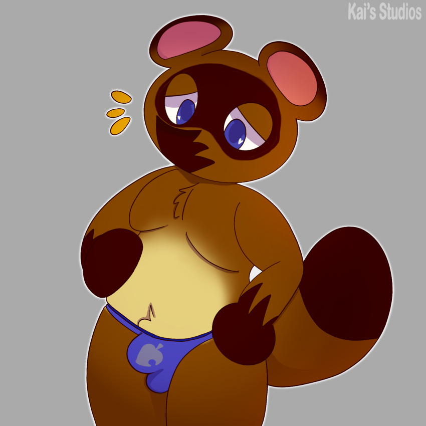 1:1 animal_crossing anthro bulge canid canine grey_background hand_on_stomach hi_res kais_studios male mammal nintendo raccoon_dog simple_background slightly_chubby solo suggestive tanuki tom_nook_(animal_crossing) video_games