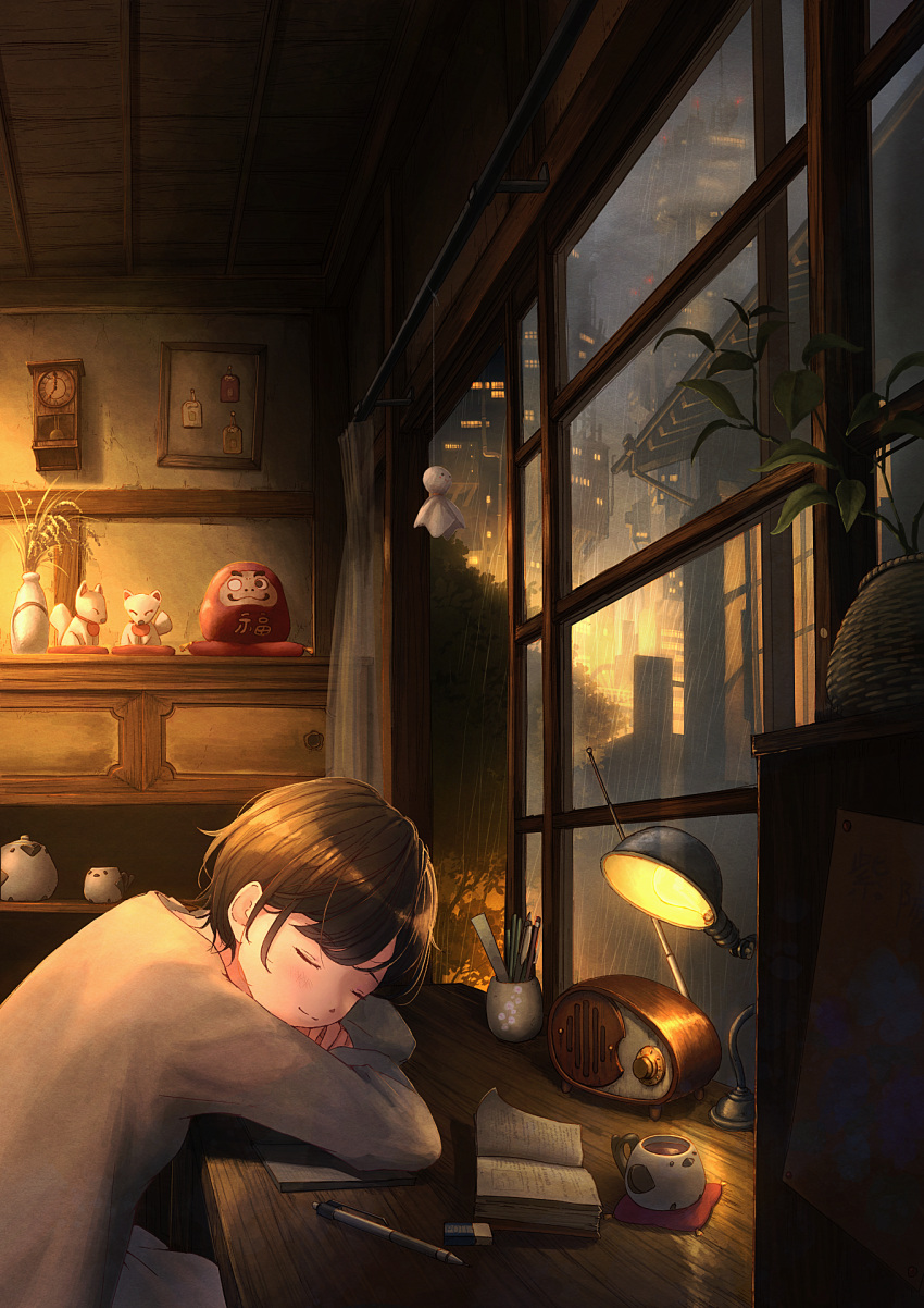 1girl book brown_hair building clock closed_eyes commentary_request cup curtains daruma_doll desk eraser grey_shirt highres indoors long_sleeves maneki-neko mechanical_pencil night open_book original pencil plant pochi_(poti1990) radio rain scenery shelf shirt short_hair sitting smile solo teruterubouzu tree upper_body