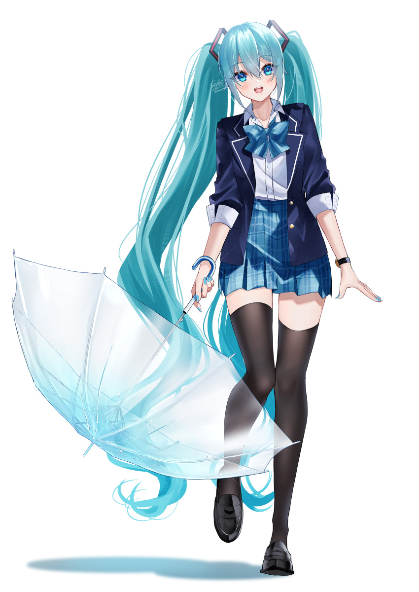 1girl absurdres aqua_eyes aqua_hair hatsune_miku highres holding holding_umbrella long_hair open_mouth solo thighhighs twintails umbrella very_long_hair vocaloid yuuyu_(moco20111115)