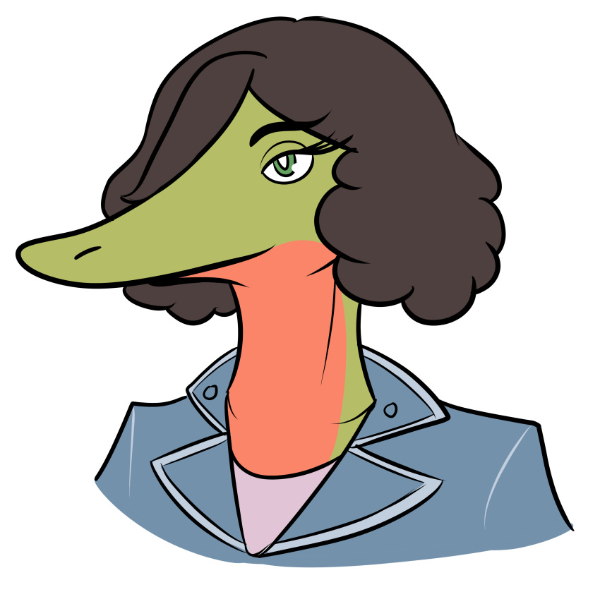 absurd_res anne_frank_(gvh) anthro brown_hair clothed clothing dinosaur female goodbye_volcano_high green_body green_eyes green_skin hair hair_over_eye headshot_portrait hi_res humanoid long_hair long_snout long_tail one_eye_obstructed portrait reptile scalie simple_background snoot_game_(fan_game) snout solo unknown_artist video_games white_background