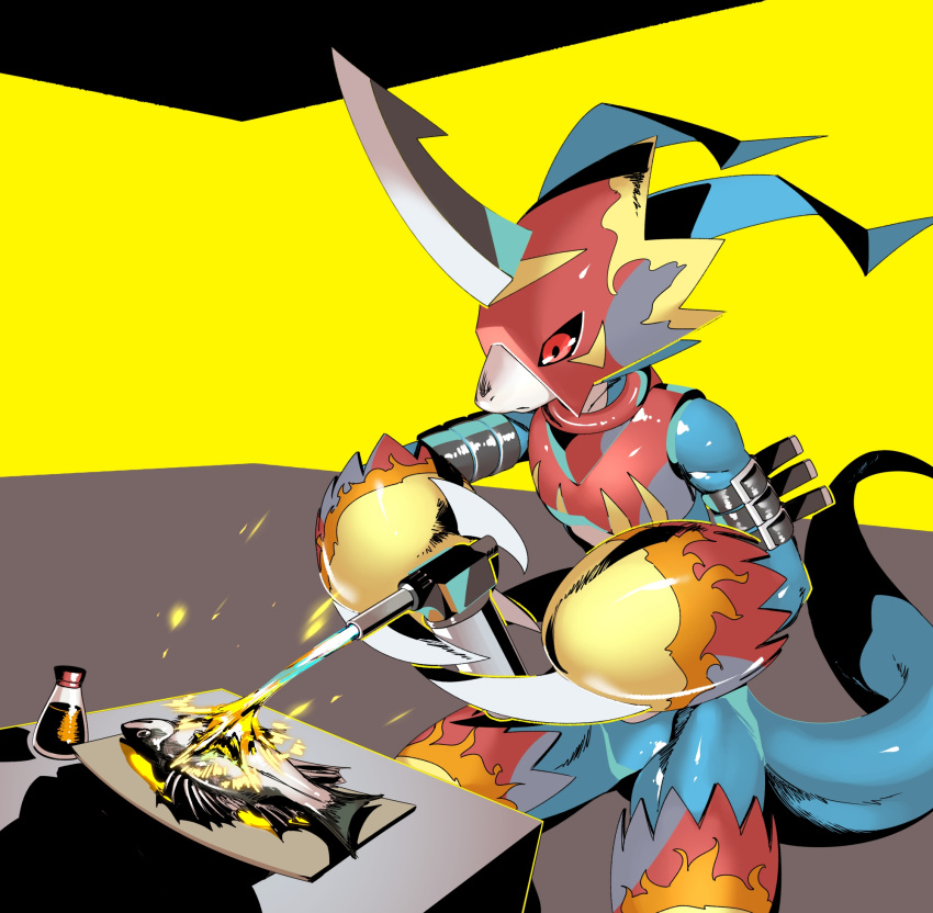 anthro armor bandai_namco belt blowtorch blue_body clothing cooking digimon digimon_(species) fire fish flamedramon gauntlets gloves handwear headgear helmet hi_res horn male marine red_eyes seasoning skink_hisshiss solo straps