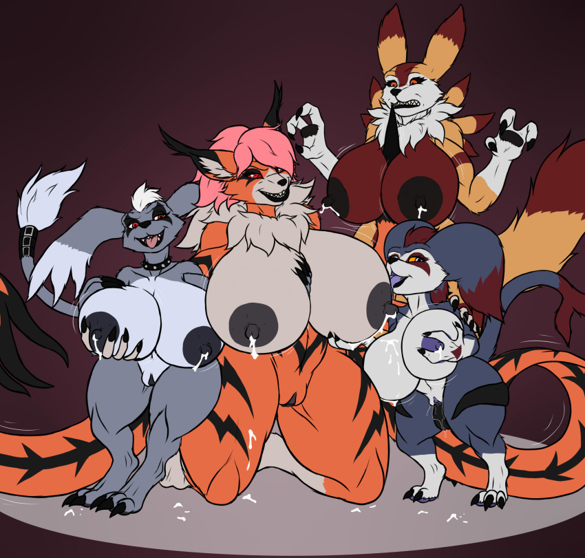 anthro anthro_on_anthro bandai_namco big_breasts blue_body blue_fur bodily_fluids breast_fondling breast_lick breast_milking breast_play breasts claws collar curvy_figure digimon digimon_(species) digimon_tri fangs felid female female/female fluffy fluffy_tail fondling fur gazimon genitals grey_body grey_fur group hand_on_breast hi_res holding_breast huge_breasts imp interspecies karnator lactating licking looking_at_viewer mammal markings meicrackmon milk mohawk multicolored_body multicolored_fur nipples nude open_mouth open_smile orange_eyes pussy red_body red_eyes red_fur renamon saliva short_stack simple_background smile teeth thick_thighs tongue tongue_out voluptuous wide_hips