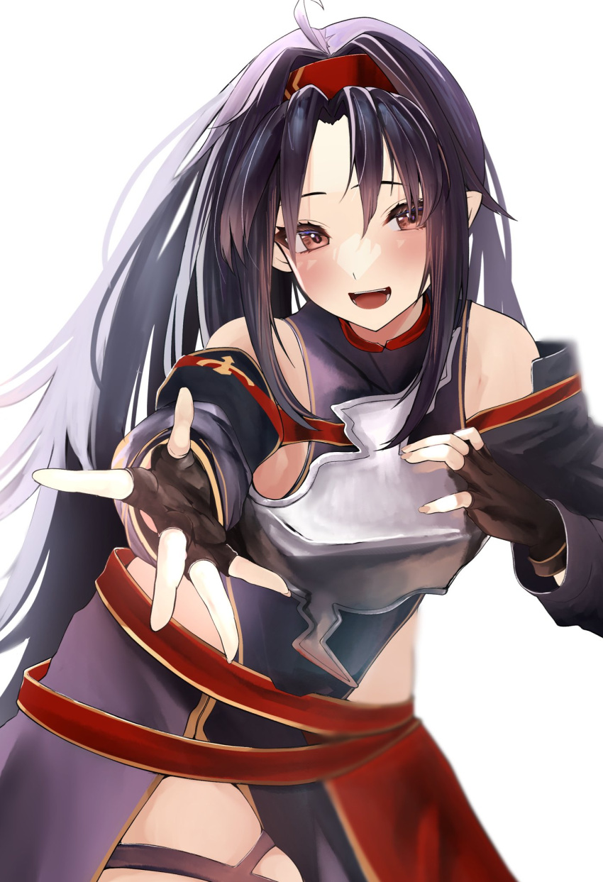 1girl :d armor bangs bare_shoulders breastplate detached_sleeves fingerless_gloves gloves hairband highres leotard long_hair looking_at_viewer open_mouth oreazu outstretched_hand parted_bangs purple_hair red_eyes red_hairband sharp_teeth smile solo sword_art_online teeth white_background yuuki_(sao)