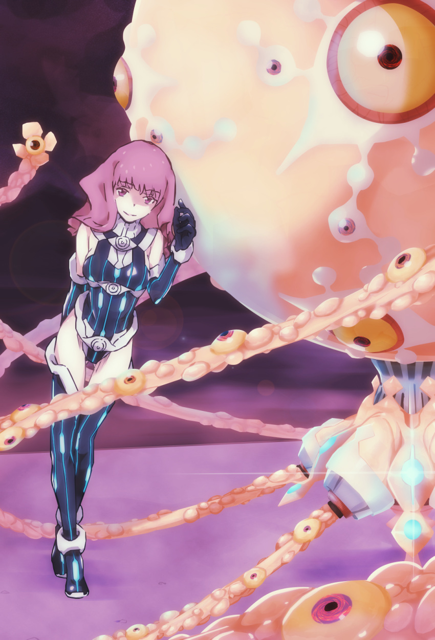 1girl 1other ass_visible_through_thighs bare_hips bare_shoulders black_footwear black_gloves black_legwear black_suit breasts colored_sclera colorized commentary dot_nose elbow_gloves extra_eyes eyebrows_visible_through_hair formal full_body gazing_eye gloves glowing haimura_kiyotaka hand_up highres long_hair looking_at_viewer medium_breasts mitsuari_ayu monster novel_illustration official_art purple_eyes purple_hair red_eyes science_fiction smile spoilers suit tentacles thighhighs thighs toaru_majutsu_no_index toaru_majutsu_no_index:_new_testament yellow_sclera