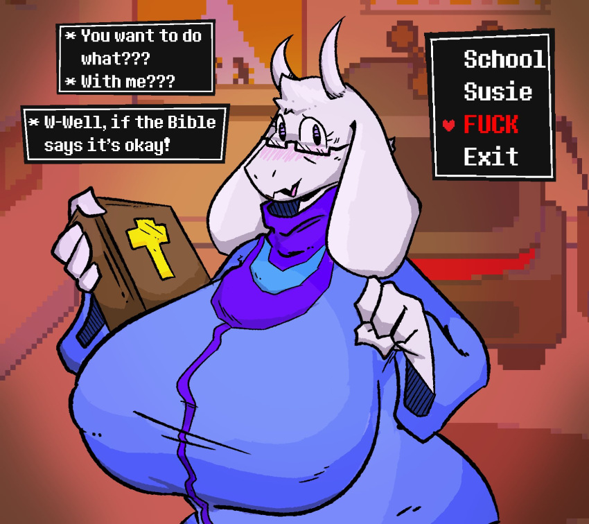 anthro bible big_breasts blush book boss_monster bovid breasts caprine clothing deltarune english_text exclamation_point eyewear female floppy_ears glasses goat hi_res holding_book holding_object horn huge_breasts looking_at_viewer mammal nipple_outline profanity qoolguyart question_mark solo sweater television text topwear toriel undertale undertale_(series) video_games white_body