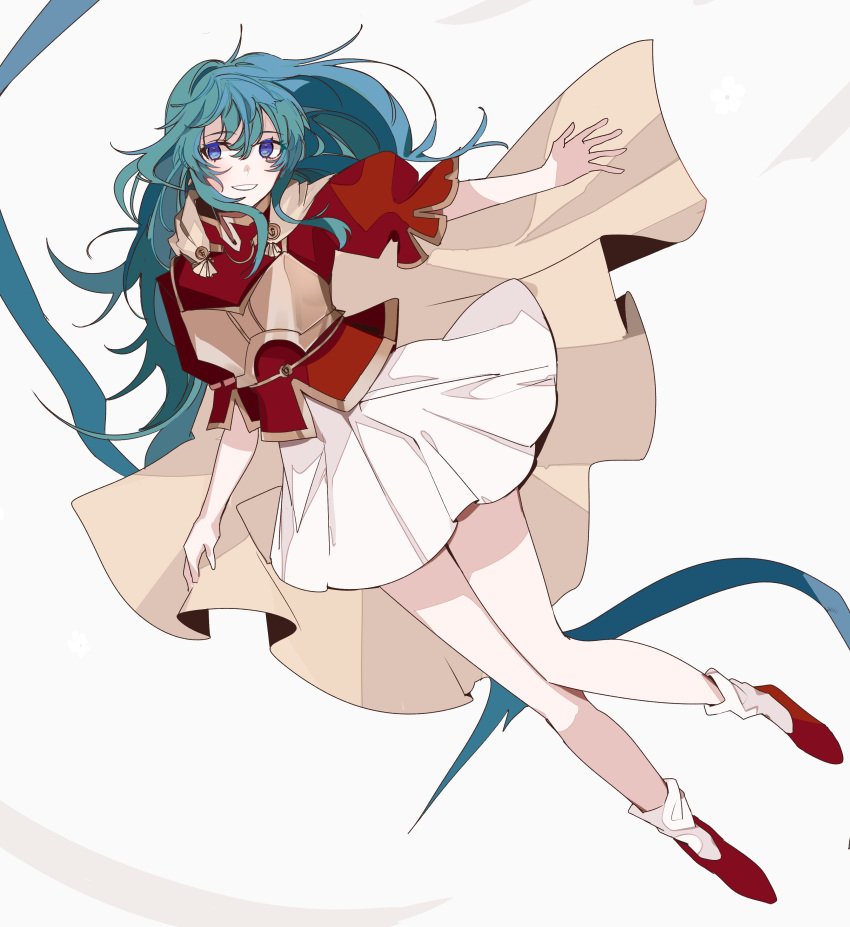 1girl absurdres armor bangs blue_eyes blue_hair breastplate cape eirika_(fire_emblem) eyebrows_visible_through_hair fire_emblem fire_emblem:_the_sacred_stones full_body hair_between_eyes highres kazuha_(kazuha1003) long_hair puffy_short_sleeves puffy_sleeves red_footwear red_shirt shirt short_sleeves skirt smile solo white_background white_skirt