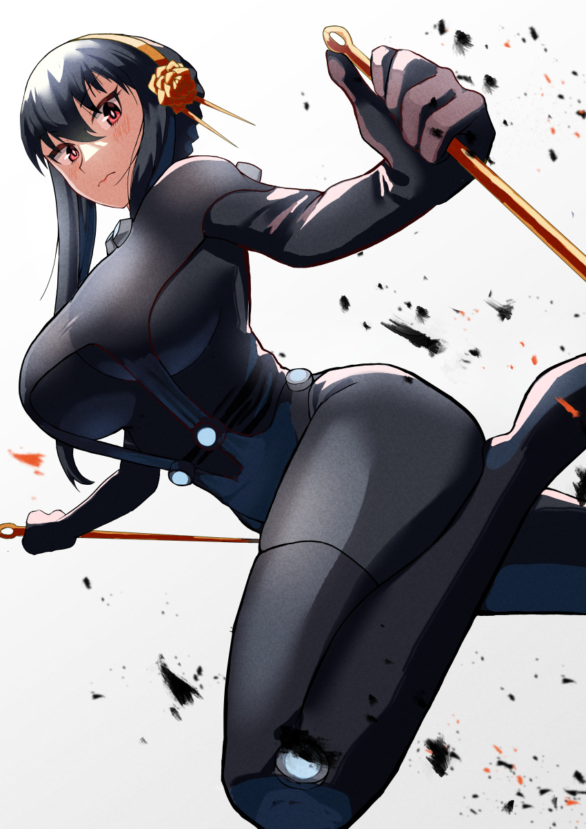 1girl absurdres black_bodysuit black_hair blush bodysuit breasts closed_mouth commentary_request dagger dual_wielding eyebrows_visible_through_hair gantz gantz_suit hairband highres holding holding_dagger holding_weapon knife large_breasts long_hair looking_at_viewer red_eyes simple_background skin_tight solo spy_x_family thighs tight tsurime urizaku3 weapon white_background yellow_hairband yor_briar