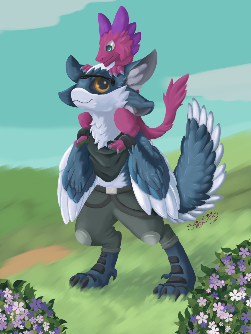 4_ears anthro avali biped blue_body blue_feathers claws clothed clothing digital_media_(artwork) duo eye_contact feathered_wings feathers female fur hi_res looking_at_another male mammal multi_ear pink_body pink_fur poppy_the_sergal rogue_the_avali sergal shiny_sirius simple_background smile tail tail_feathers toe_claws white_body white_feathers winged_arms wings