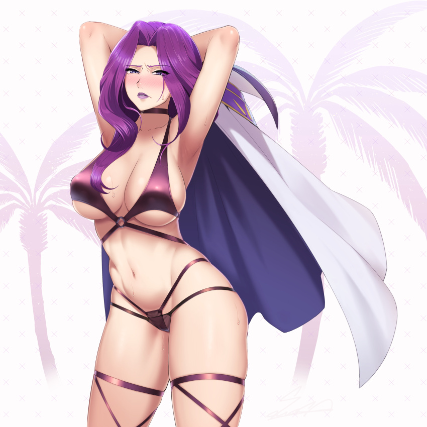 1girl absurdres armpits arms_up bikini blush breasts cleavage code_geass collarbone commentary_request cornelia_li_britannia cowboy_shot furrowed_brow hair_intakes highres lips lipstick looking_at_viewer makeup navel nose_blush parted_lips purple_bikini purple_eyes purple_hair purple_lips sawasa sideboob simple_background skindentation solo sweat swimsuit thigh_strap underboob wavy_hair white_background