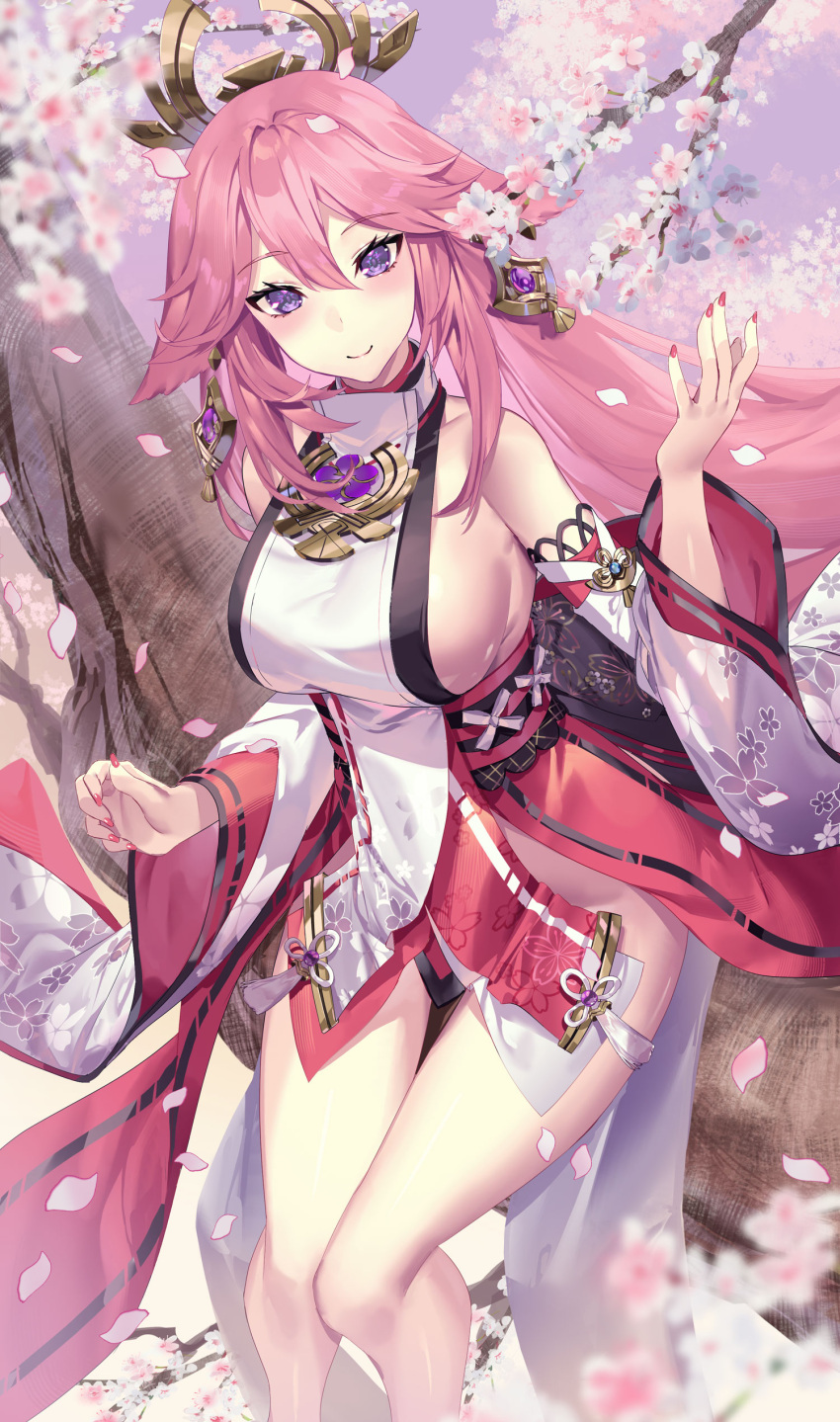 1girl absurdres animal_ears bangs bare_shoulders blush breasts cherry_blossoms detached_sleeves earrings fox_ears genshin_impact hair_ornament highres jewelry large_breasts long_hair looking_at_viewer necklace pendant petals pink_hair purple_eyes red_skirt sidelocks skirt sleeveless smile solo thighs tree very_long_hair wide_sleeves yae_miko yoshimoto_(dear_life)