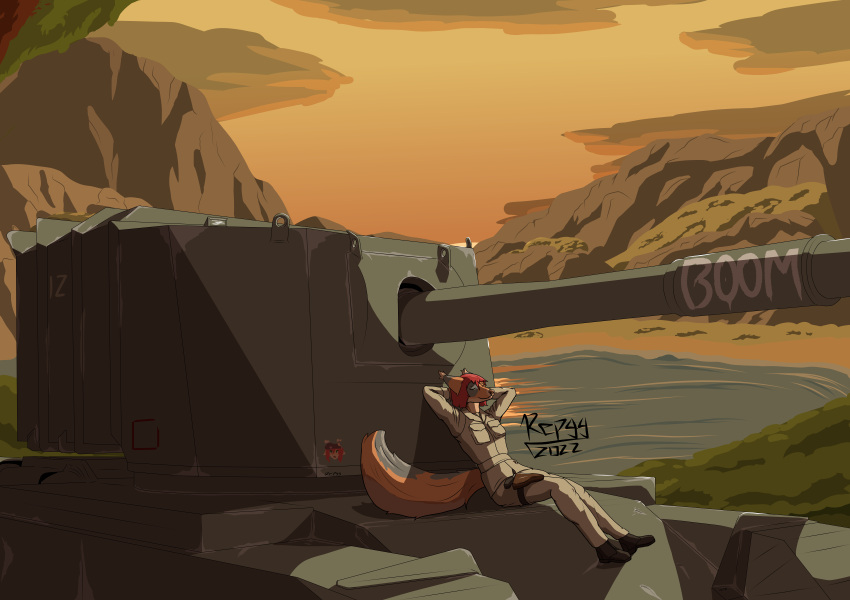 absurd_res anthro armored_vehicle boots brown_nose canid canine cel_shading clothing combat_boots female footwear fox fur grey_body grey_fur hair hi_res lake leaning leaning_back mammal military military_uniform military_vehicle orange_body orange_fur red_hair relaxing repgg shaded sitting solo sunset tan_body tan_fur tank uniform vehicle