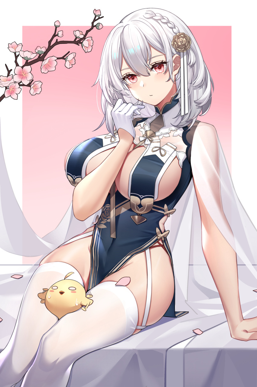 1girl afterimage albino artificial_flower azur_lane between_thighs black_dress blush_stickers braid branch breast_curtains breasts bubble1995 cape cleavage closed_mouth covered_navel creature dress feet_out_of_frame flower garter_straps gloves gradient gradient_background hair_flower hair_ornament highres large_breasts looking_at_viewer motion_lines o_o official_alternate_costume pelvic_curtain petals pink_flower red_eyes revealing_clothes see-through short_hair single_glove sirius_(azur_lane) sirius_(azure_horizons)_(azur_lane) sitting solo_focus thighhighs white_cape white_gloves white_hair white_legwear