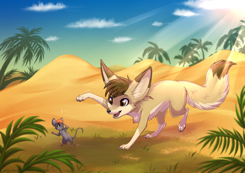 brown_eyes canid canine coconut_tree dessert duo fennec feral food fox fruit_tree hunting mammal mouse murid murine palm_tree plant rodent rukifox sand tree