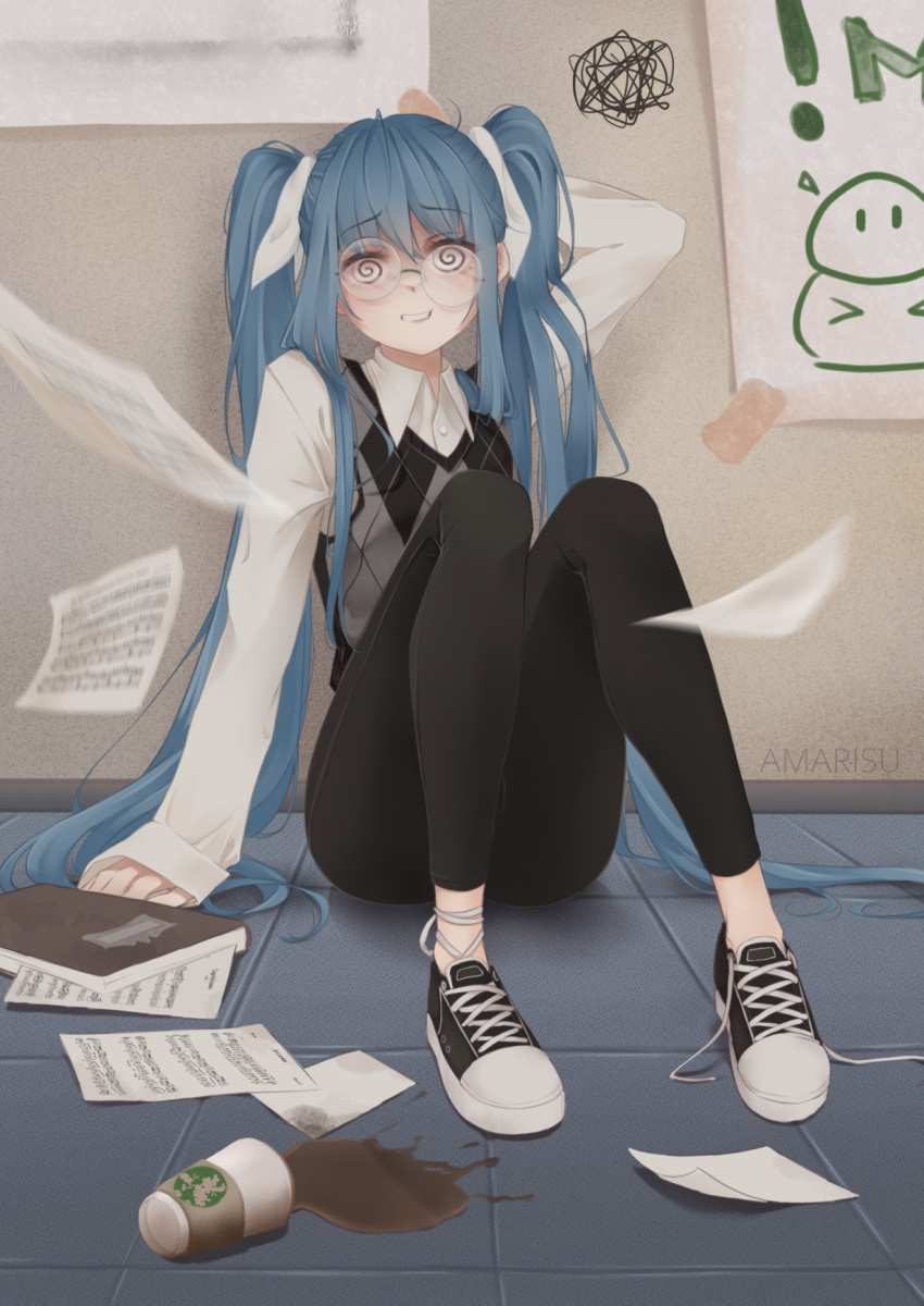 1girl @_@ amarisuu aqua_hair artist_name black_footwear black_legwear book coffee coffee_cup collared_shirt commentary_request cup disposable_cup eyebrows_visible_through_hair full_body glasses hand_up hatsune_miku highres knees_up long_hair pants paper round_eyewear shirt shoelaces shoes sitting sleeves_past_wrists smile sneakers solo squiggle sweater_vest teeth twintails two-tone_footwear very_long_hair vocaloid white_footwear white_shirt