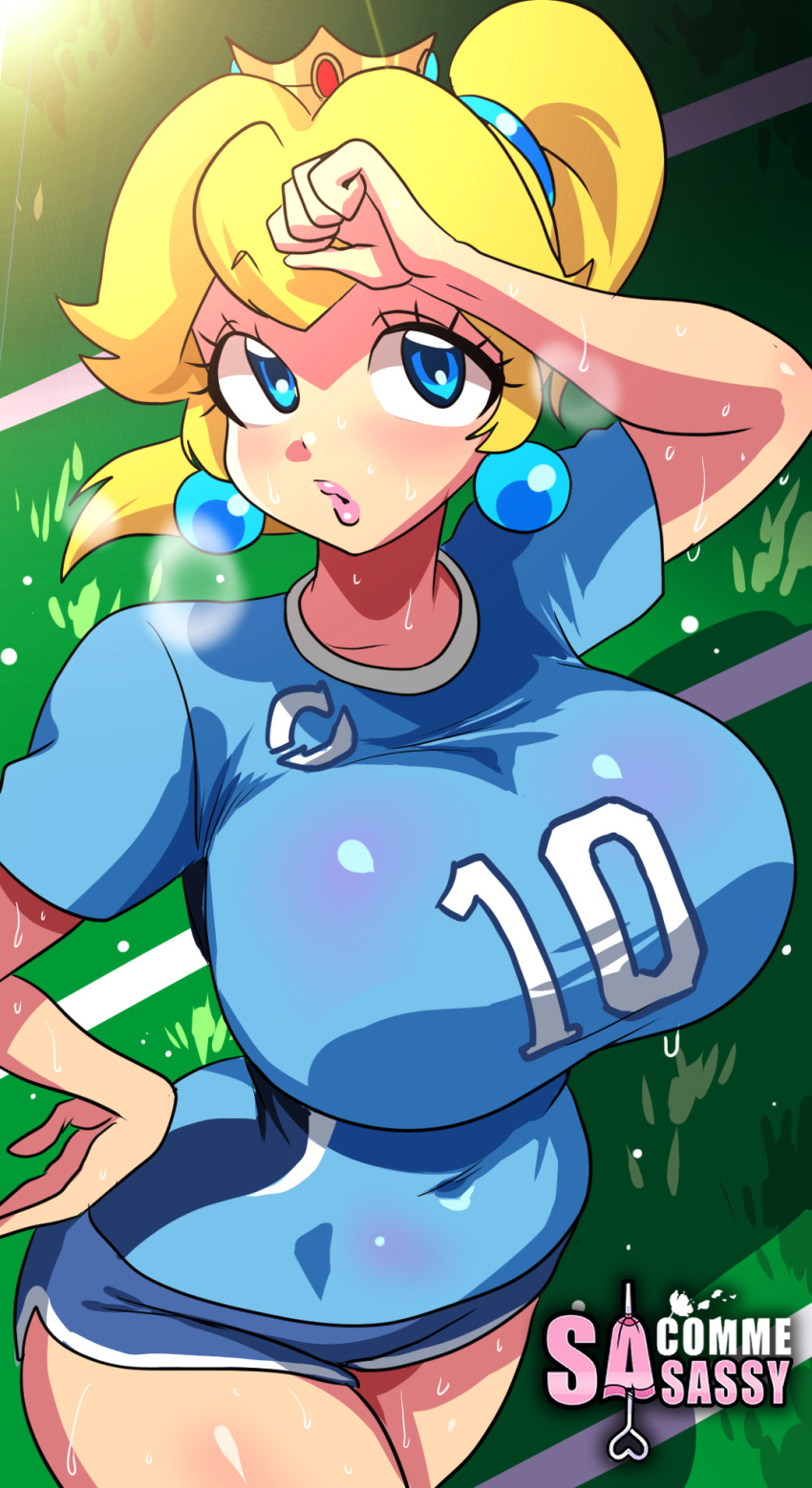 1girl arm_up ass bangs blonde_hair blue_eyes blue_shirt breasts covered_navel crown earrings field grass gym_shorts hand_on_hip highres huge_breasts jewelry large_breasts lips looking_at_viewer open_mouth parted_lips ponytail princess_peach sasa_tseng shirt short_shorts shorts sportswear steam super_smash_bros. sweat t-shirt wiping_forehead wiping_sweat