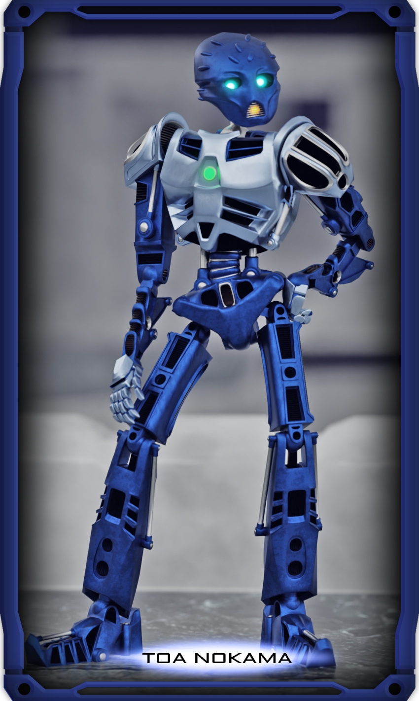 2022 3d_(artwork) armor bionicle blender_(software) blue_body blue_eyes blue_glow cybernetics cyborg digital_media_(artwork) female full-length_portrait glowing glowing_eyes glowing_heart glowing_mouth green_glow hands_on_hips hands_on_legs hands_on_thighs heartlight hi_res humanoid lego living_machine looking_at_viewer machine marble mask mechanical_arm mechanical_leg metal metallic_body nokama orange_mouth portrait robot robot_humanoid solo standing systemsearcher tagme toa vent wall_(structure)