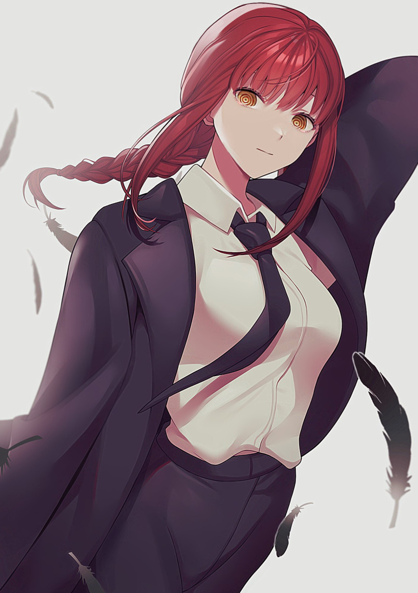 1girl bangs black_necktie black_pants braid braided_ponytail breasts chainsaw_man collared_shirt feathers formal highres long_coat long_hair long_sleeves makima_(chainsaw_man) medium_breasts necktie pants raimone26 red_hair ringed_eyes shirt simple_background smile solo white_background white_shirt yellow_eyes