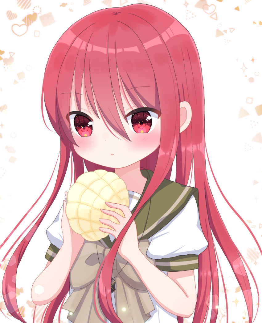 1girl absurdres bangs blush bread food highres holding holding_food long_hair looking_down melon_bread neck_ribbon nekomura_yuyuko parted_lips puffy_short_sleeves puffy_sleeves red_eyes red_hair ribbon school_uniform serafuku shakugan_no_shana shana short_sleeves solo