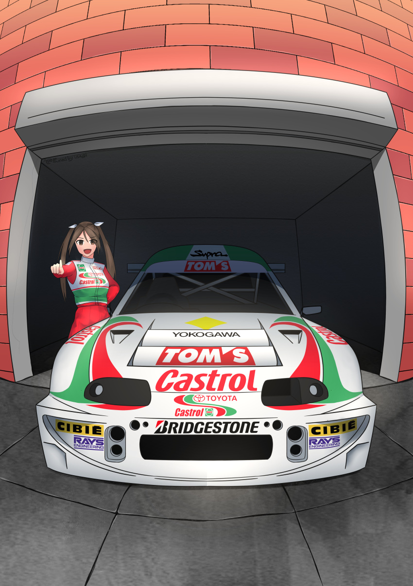 1girl absurdres car fisheye ground_vehicle hair_ornament hair_ribbon highres kantai_collection looking_at_viewer low_twintails motor_vehicle open_mouth pointing pointing_at_viewer pwnedbyusagi racing racing_suit ribbon short_twintails smile solo tone_(kancolle) toyota toyota_supra twintails vehicle_focus