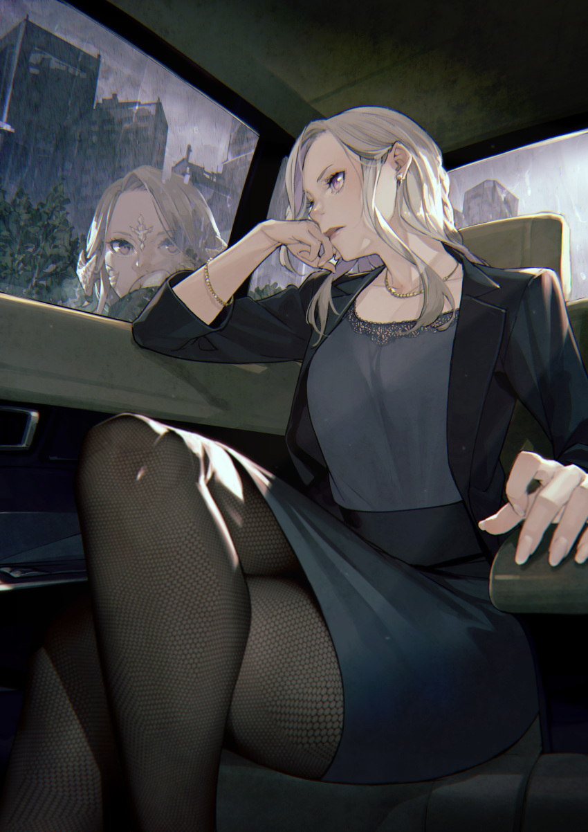 1girl absurdres au_ra avatar_(ff14) bracelet brown_eyes brown_hair building car car_interior chromatic_aberration closed_mouth collarbone crossed_legs different_reflection earrings eyelashes final_fantasy final_fantasy_xiv fingernails fishnet_legwear fishnets grey_hair ground_vehicle head_rest highres horns jewelry kyo_(kuroichigo) light_brown_hair long_eyelashes long_fingernails long_hair motor_vehicle multicolored_hair necklace original purple_eyes purple_hair rain reflection skirt solo tree two-tone_hair water_drop