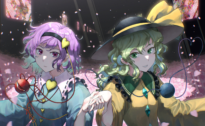 2girls absurdres black_headwear blouse blue_shirt blush buttons chireiden closed_eyes commentary diamond_button fingernails flower frilled_shirt_collar frills green_eyes green_hair hair_between_eyes harapan-kun hat hat_ribbon heart heart_button heart_of_string highres holding_hands komeiji_koishi komeiji_satori light_rays long_hair long_sleeves looking_at_viewer multiple_girls parted_lips pink_flower pink_rose purple_eyes purple_hair red_eyes ribbon ribbon_trim rose shirt short_hair siblings sisters smile stained_glass third_eye touhou upper_body wavy_hair wide_sleeves window yellow_ribbon yellow_shirt