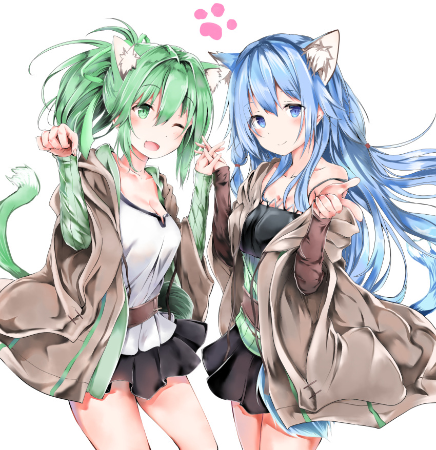 2girls animal_ear_fluff animal_ears arms_behind_back bangs belt blue_eyes blue_hair breasts cat_ears cat_tail cleavage corrupted_file cowboy_shot duel_monster eria_the_water_charmer green_eyes green_skirt highres interlocked_fingers kuromiko_shoujo long_hair long_sleeves miniskirt multiple_girls one_eye_closed open_clothes open_mouth open_robe paw_pose pom_pom_(clothes) ponytail robe shirt skirt tail white_shirt wynn_the_wind_charmer yu-gi-oh!