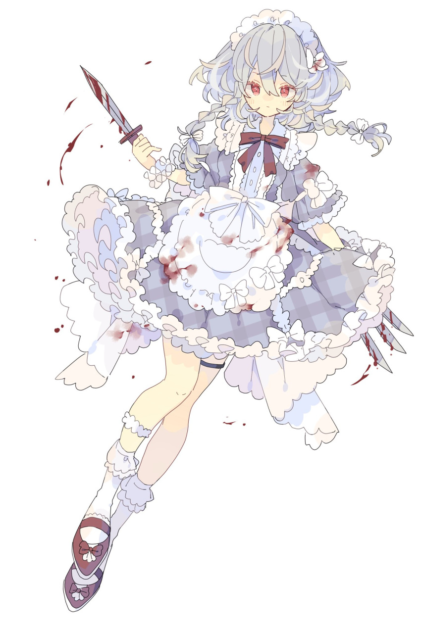 1girl adapted_costume alternate_color apron blood blood_on_clothes blood_on_weapon bobby_socks bow bowtie braid commentary dress frilled_apron frilled_dress frills full_body grey_dress grey_hair highres holding holding_knife izayoi_sakuya knife looking_at_viewer maid maid_apron maid_headdress mary_janes medium_hair nikorashi-ka plaid plaid_dress red_bow red_eyes red_footwear shoes short_sleeves socks solo throwing_knife touhou twin_braids weapon white_background white_bow white_legwear
