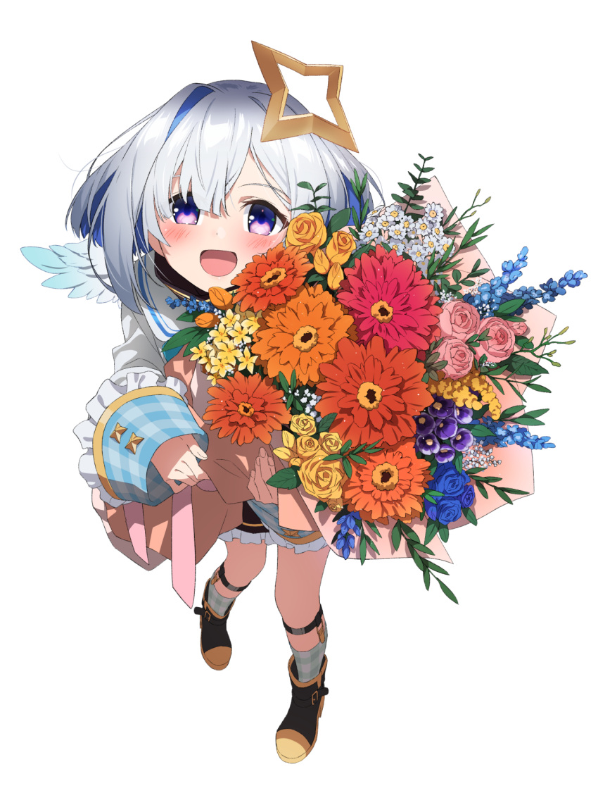 1girl amane_kanata bangs blue_hair bouquet flower gulim highres holding holding_bouquet hololive long_sleeves looking_at_viewer multicolored_hair open_mouth purple_eyes shoes short_hair simple_background sleeves_past_wrists smile socks solo streaked_hair white_background white_hair wings