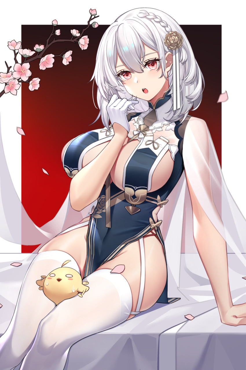 1girl afterimage albino artificial_flower azur_lane between_thighs black_dress blush_stickers braid branch breast_curtains breasts bubble1995 cape cleavage covered_navel creature dress feet_out_of_frame flower garter_straps gloves gradient gradient_background hair_flower hair_ornament highres large_breasts looking_at_viewer motion_lines o_o official_alternate_costume open_mouth pelvic_curtain petals pink_flower red_eyes revealing_clothes see-through short_hair single_glove sirius_(azur_lane) sirius_(azure_horizons)_(azur_lane) sitting solo_focus thighhighs white_cape white_gloves white_hair white_legwear