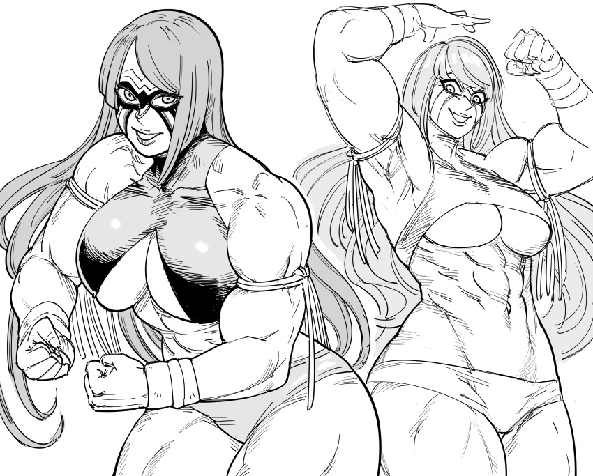 1girl abs absurdres armband armpits arms_up bb_(baalbuddy) breasts flexing fuuma_kotarou_(tenkaichi) greyscale highres long_hair looking_at_viewer mask monochrome multiple_views muscular muscular_female pose revealing_clothes simple_background tenkaichi_nihon_saikyou_bugeisha_ketteisen underboob white_background