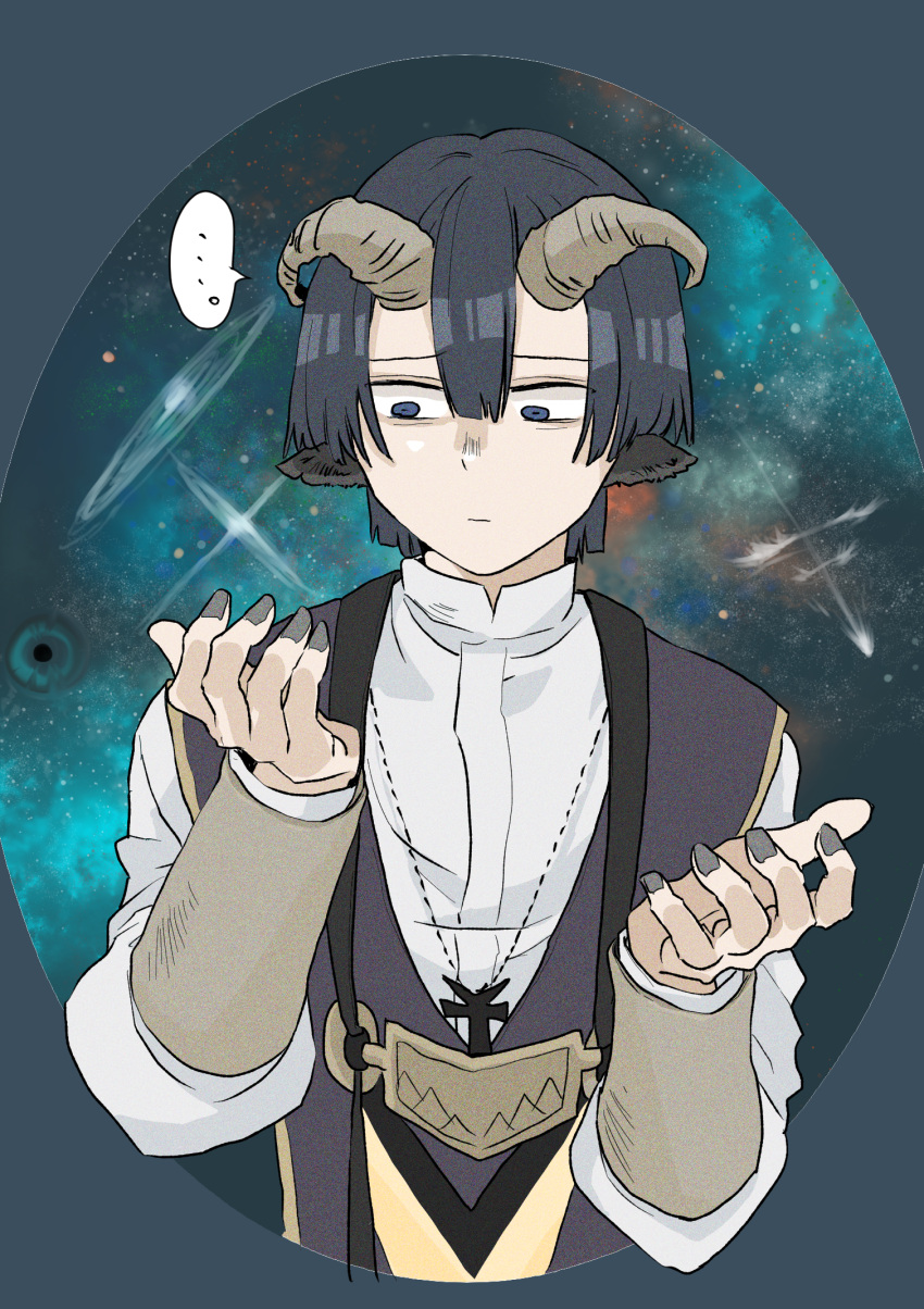 ... 1boy animal_ears axi bangs black_nails blue_eyes blue_hair demon_cleric galaxy goat_ears highres horns looking_at_hand looking_down male_focus maou-jou_de_oyasumi short_hair