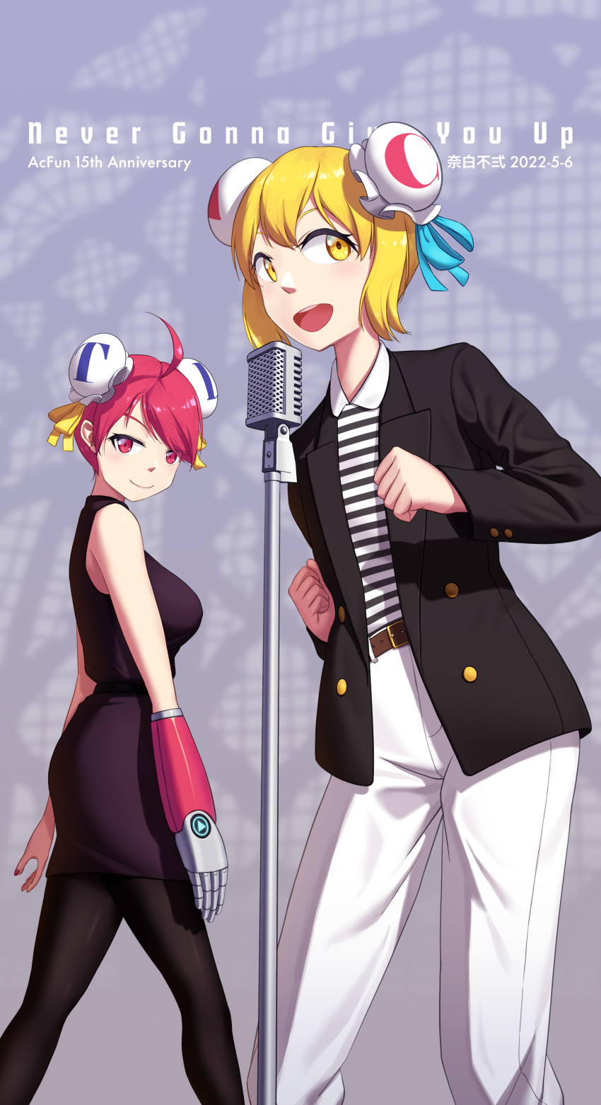 2girls absurdres acfun acfun_girl ahoge anniversary black_legwear blonde_hair blue_bow bow buernia cosplay double_bun dress hair_bun highres jacket looking_at_viewer mechanical_arms microphone_stand multiple_girls music never_gonna_give_you_up open_mouth pants pantyhose parody red_eyes red_hair rick_astley rick_astley_(cosplay) shirt singing single_mechanical_arm smile striped striped_shirt td_girl white_pants yellow_bow yellow_eyes