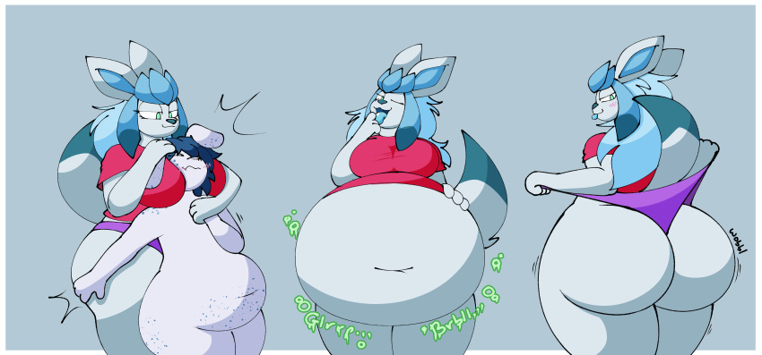 absurd_res anthro azzyjackal belly big_belly big_breasts big_butt blush breast_smother breasts butt clothes_stretching clothing digestion duo eeveelution female glaceon hi_res huge_butt jiggling jiggling_butt lagomorph leporid male male/female mammal navel nintendo overweight panties pok&eacute;mon pok&eacute;mon_(species) rabbit rumbling_stomach smothering smug toony underwear video_games vore wobbling