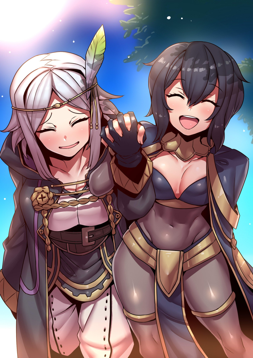 2girls anklet black_hair bodystocking breasts cape circlet cleavage closed_eyes coat commission cosplay covered_navel feather_hair_ornament feathers fire_emblem fire_emblem_awakening gloves hair_ornament highres holding_hands jewelry leaning_forward light_blush medium_breasts morgan_(fire_emblem) morgan_(fire_emblem)_(female) multiple_girls noire_(fire_emblem) open_mouth pelvic_curtain robin_(fire_emblem) robin_(fire_emblem)_(cosplay) siblings sisters skeb_commission tharja_(fire_emblem) tharja_(fire_emblem)_(cosplay) thighlet tukiwani white_hair