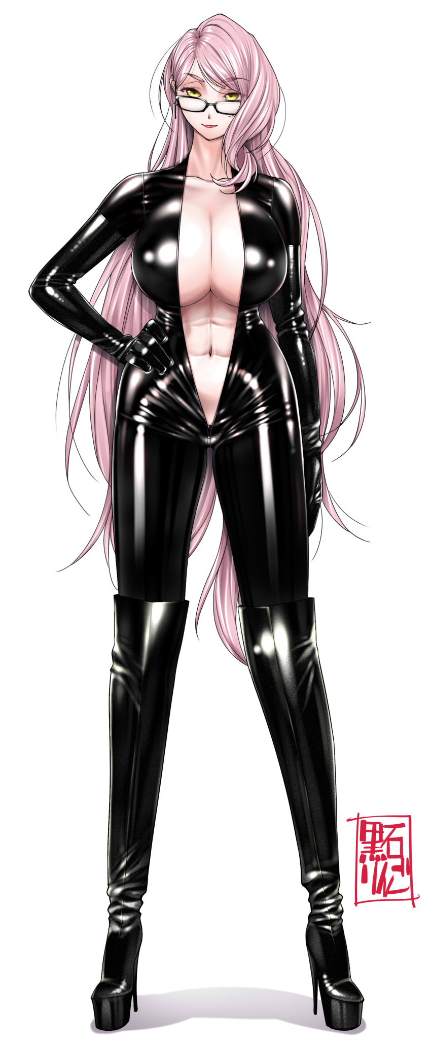 1girl abs absurdres black_bodysuit black_footwear black_gloves bodysuit boots breasts catsuit collarbone elbow_gloves fate/grand_order fate_(series) full_body glasses gloves grey-framed_eyewear high_heel_boots high_heels highres koyanskaya_(fate) kuroishi_ringo large_breasts latex latex_bodysuit latex_gloves long_hair navel open_bodysuit pink_hair smile solo standing tamamo_(fate) thigh_boots very_long_hair yellow_eyes