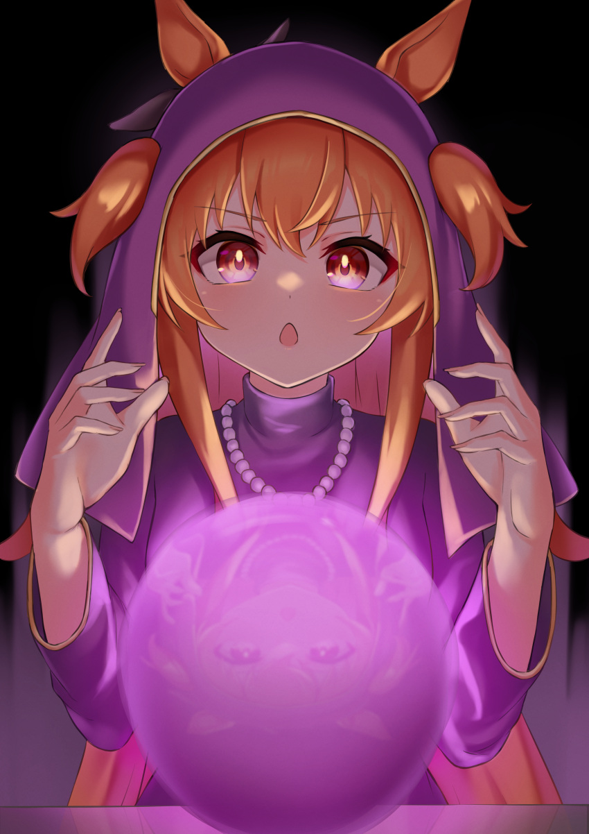 1girl :o absurdres animal_ears bangs bead_necklace beads commentary_request crystal_ball eyebrows_visible_through_hair fingernails highres hood hoodie horse_ears horse_girl jewelry long_hair looking_at_viewer mayano_top_gun_(umamusume) necklace open_mouth orange_hair pizza_(pizzania_company) purple_hoodie red_eyes solo two_side_up umamusume