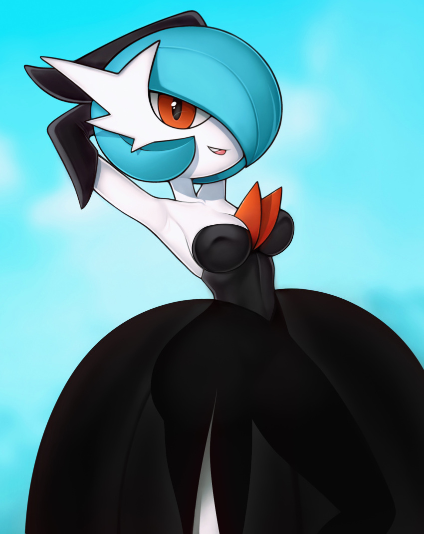 bedroom_eyes blue_hair breasts clothed clothing dress female gardevoir hair hi_res humanoid loodncrood looking_at_viewer mammal mega_evolution mega_gardevoir narrowed_eyes nintendo not_furry open_mouth pok&eacute;mon pok&eacute;mon_(species) raised_arm red_eyes seductive shiny_pok&eacute;mon simple_background solo tongue tongue_out video_games