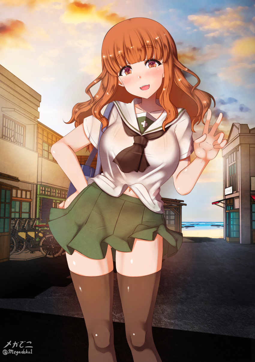 1girl aquaegg ass_visible_through_thighs black_legwear blush breasts eyebrows_visible_through_hair girls_und_panzer green_skirt highres large_breasts long_hair looking_at_viewer miniskirt navel ooarai_school_uniform open_mouth orange_eyes orange_hair outdoors pleated_skirt school_uniform shiny shiny_hair shiny_skin skirt sky smile solo standing takebe_saori thighhighs v