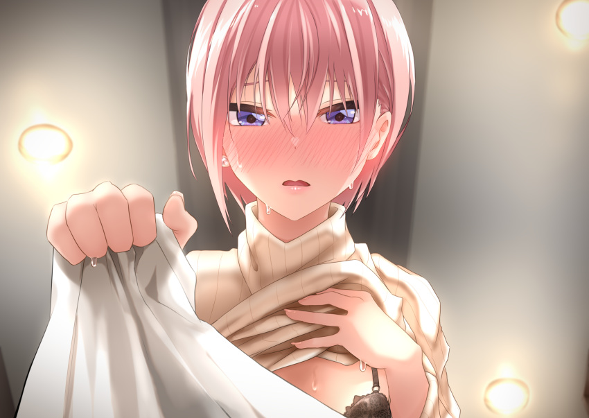 1girl bangs black_bra blue_eyes blush bra breasts clothes_lift eyebrows_visible_through_hair from_below go-toubun_no_hanayome hand_on_own_chest highres lamp looking_at_viewer nakano_ichika nm_(tshell2761) open_mouth parted_lips pink_hair short_hair solo sweat sweater sweater_lift underwear upper_body yellow_sweater