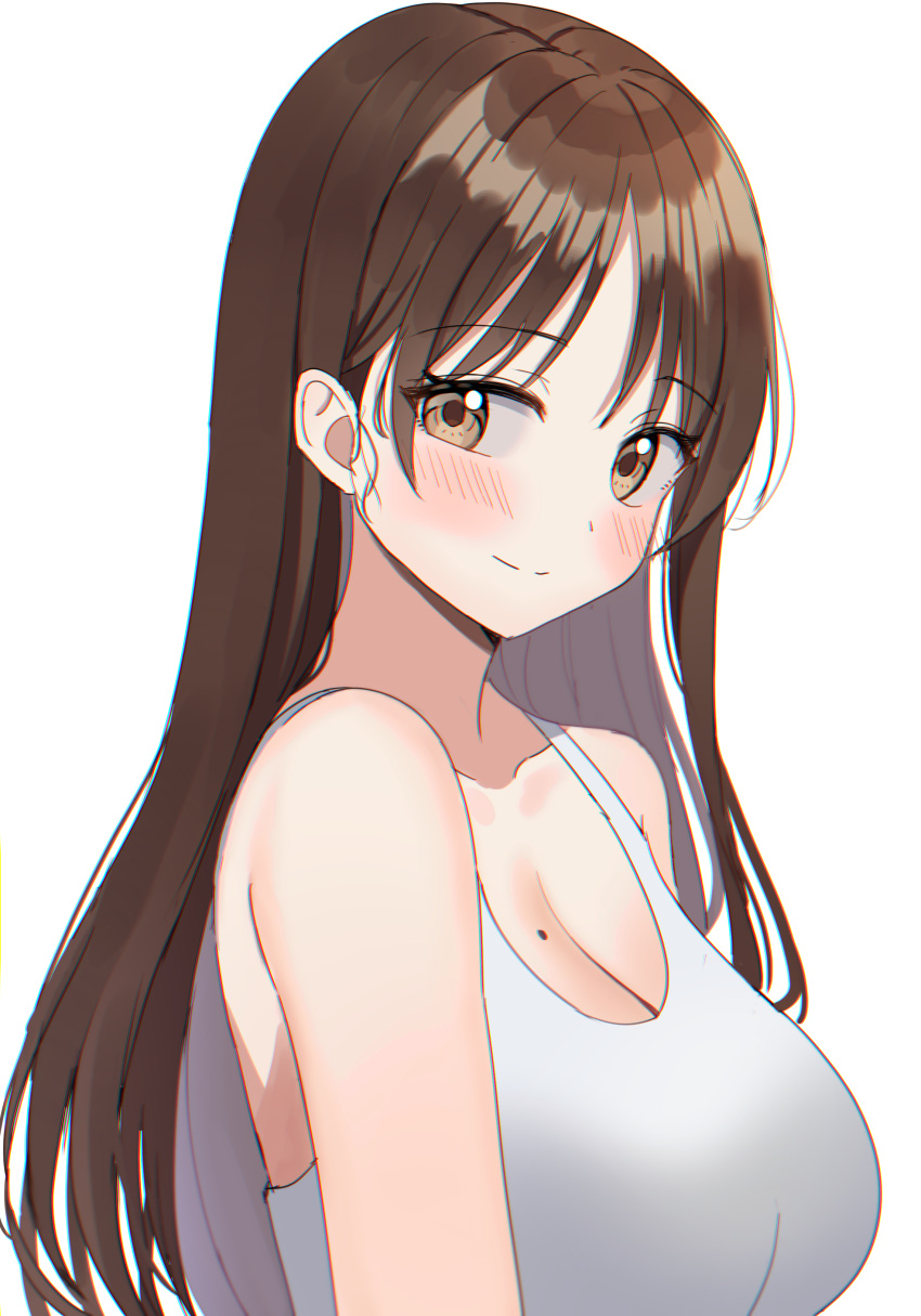 1girl absurdres bangs bare_shoulders blush breasts brown_eyes brown_hair cleavage closed_mouth eyebrows_visible_through_hair highres kubong large_breasts long_hair mole mole_on_breast original parted_bangs simple_background smile solo upper_body white_background