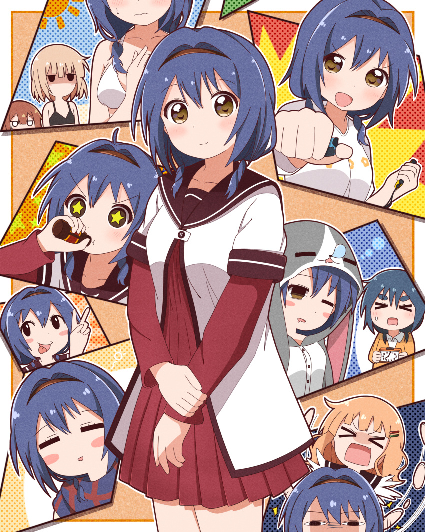 &gt;_&lt; &lt;o&gt;_&lt;o&gt; 5girls :d absurdres ahoge alarm_clock analog_clock bangs bikini black_bikini black_hairband blue_hair blue_scarf blush blush_stickers border braid breast_envy breasts brown_eyes brown_hair bunny_pajamas buttons clock closed_eyes closed_mouth collarbone commentary_request controller cosplay dot_nose dress drinking drooling eyebrows_visible_through_hair flat_chest floral_print furutani_himawari furutani_kaede game_controller goron_(phde2424) grey_pajamas hair_ornament hairband hairclip hand_on_own_arm happy head_out_of_frame highres holding holding_controller holding_game_controller hood hood_up jacket jitome kigurumi layered_sleeves light_brown_hair long_sleeves looking_at_another looking_at_viewer medium_breasts medium_hair mouth_drool multiple_girls multiple_views nanamori_school_uniform no_mouth one_eye_closed oomuro-ke oomuro_hanako oomuro_nadeshiko oomuro_sakurako open_mouth orange_shirt outline outside_border pajamas plaid plaid_scarf pleated_dress polka_dot polka_dot_background print_shirt red_dress sailor_collar sailor_dress scarf school_uniform shirt short_over_long_sleeves short_sleeves siblings sisters sleep_bubble smile split_mouth standing star-shaped_pupils star_(symbol) sun sweatdrop swimsuit symbol-shaped_pupils thick_eyebrows tongue tongue_out twin_braids v waking_up wavy_hair wavy_mouth white_bikini white_border white_jacket white_outline white_shirt yuru_yuri